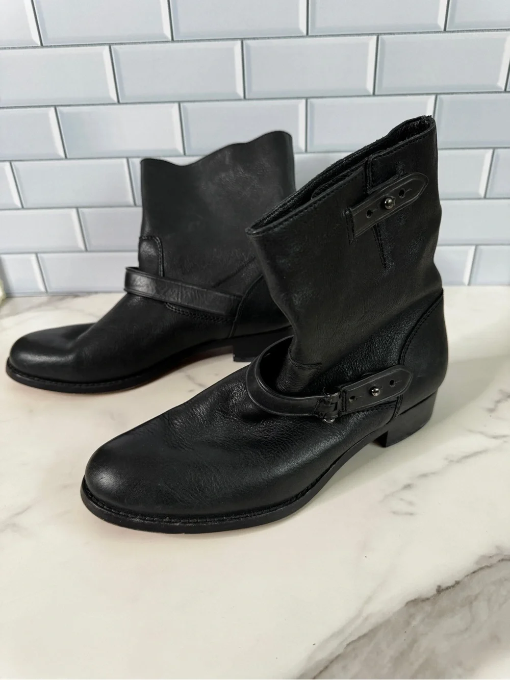 Coach Womens 6.5 B Amy Black Leather Harness Ankle Moto Boots A8360